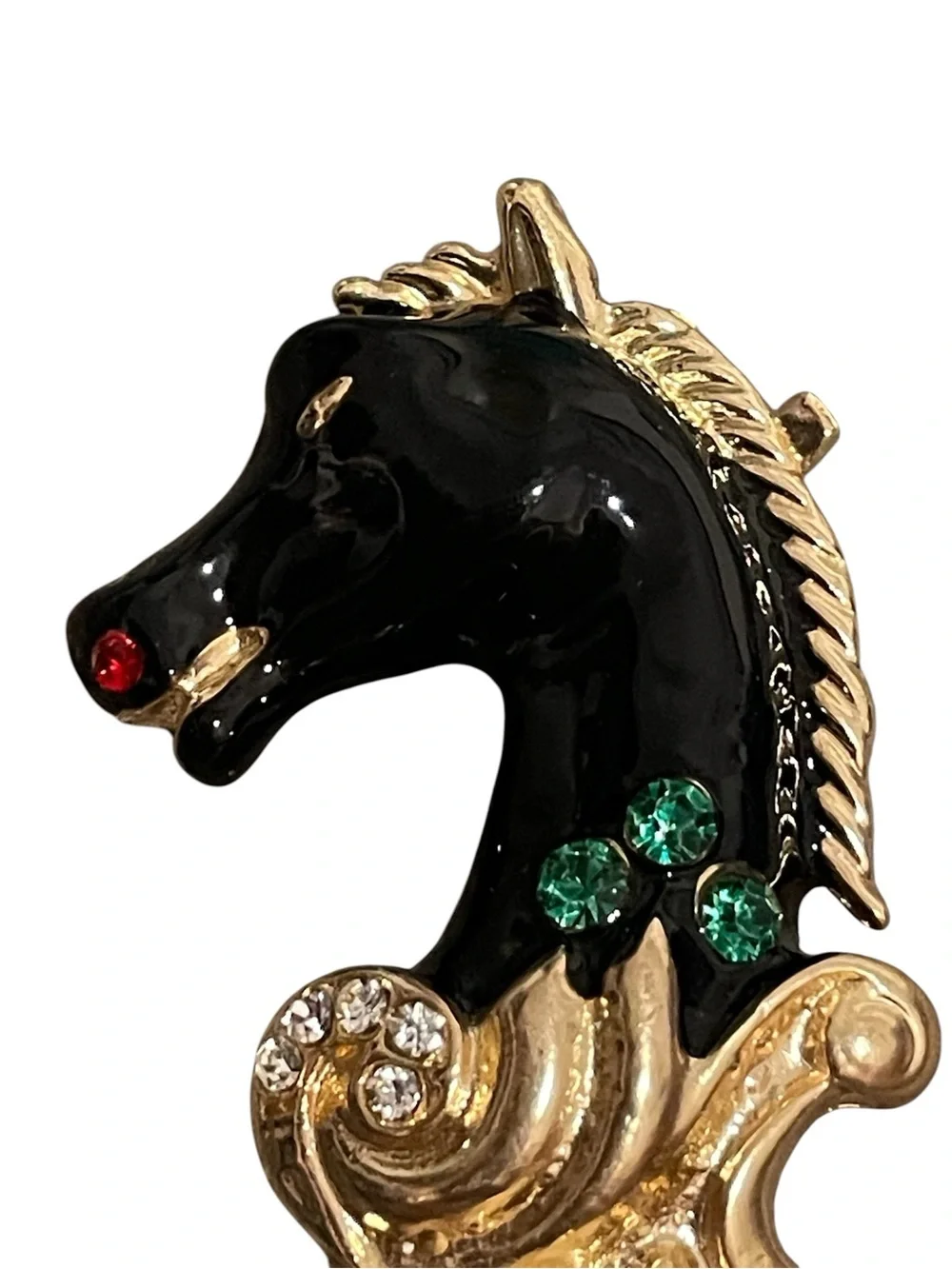 Black Enamel Horse Head Brooch with Colored Rhinestones